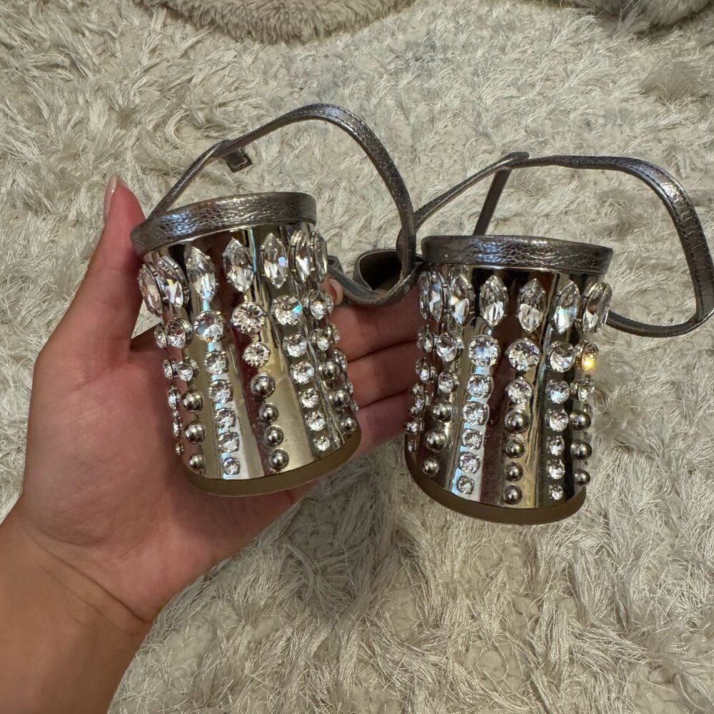 Like New: Miu Miu Silver Leather Jewel Embellished Block Heel Ankle Strap Pumps